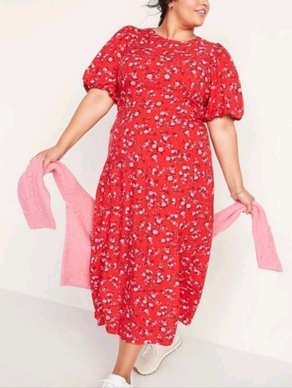Old Navy Midi Dress 4X Red Ditsy Floral Puff Sleeve Smocked Back NWT